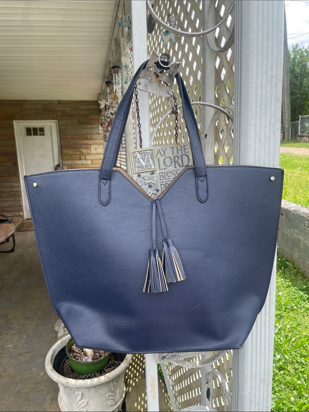 Neiman Marcus Navy Tassel Tote Bag - Classic Everyday Shoulder Bag